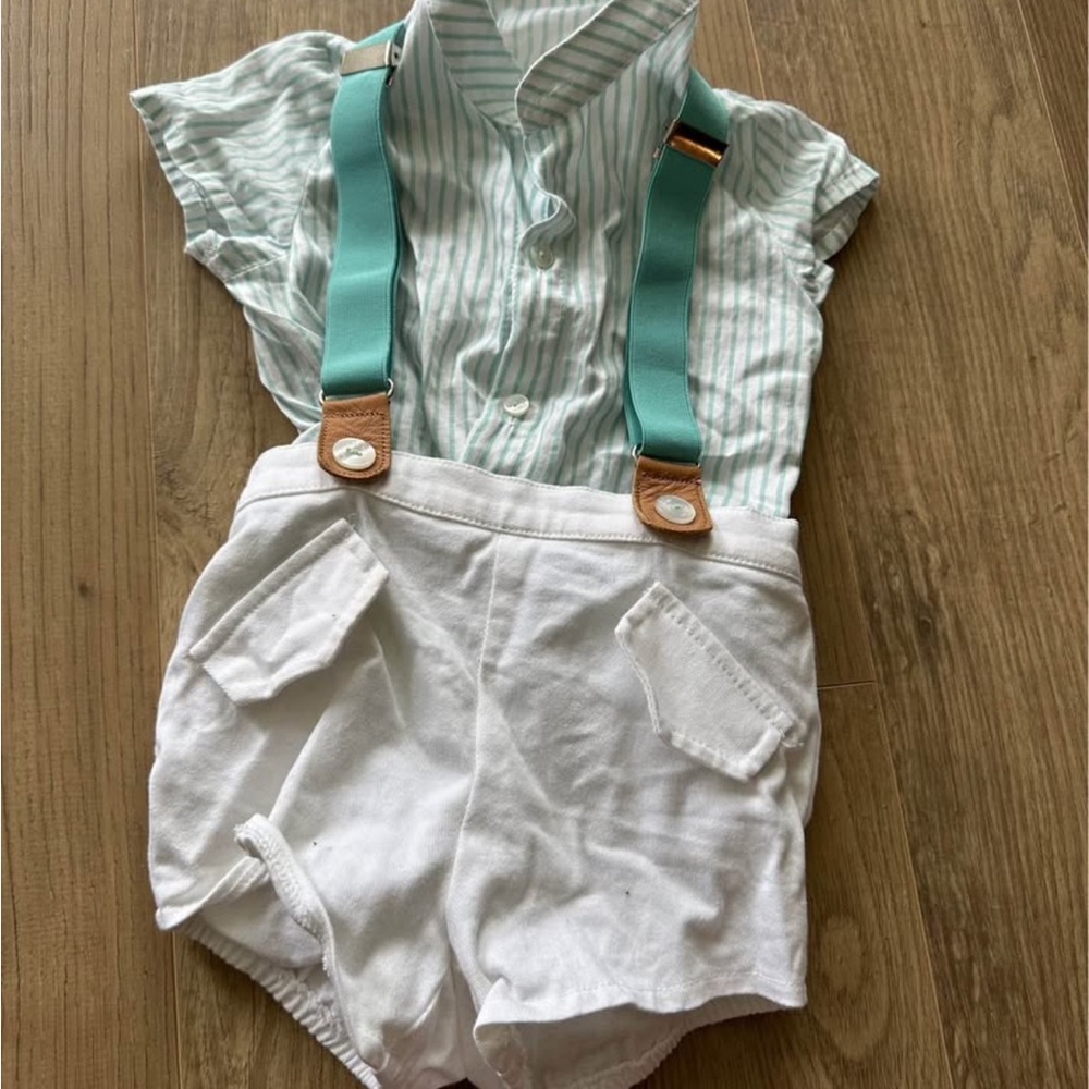 Del sur Spanish brand, Striped Shirt and White Shorts Set with Suspenders
